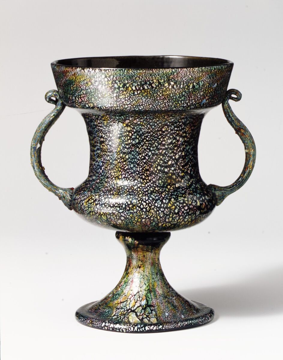 Olive glass cup with iridescent effect, Attributed to the Barovier family glasshouse, Glass, Italian, Venice (Murano) 