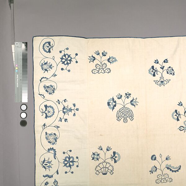 Embroidered coverlet, Linen embroidered with linen thread, American