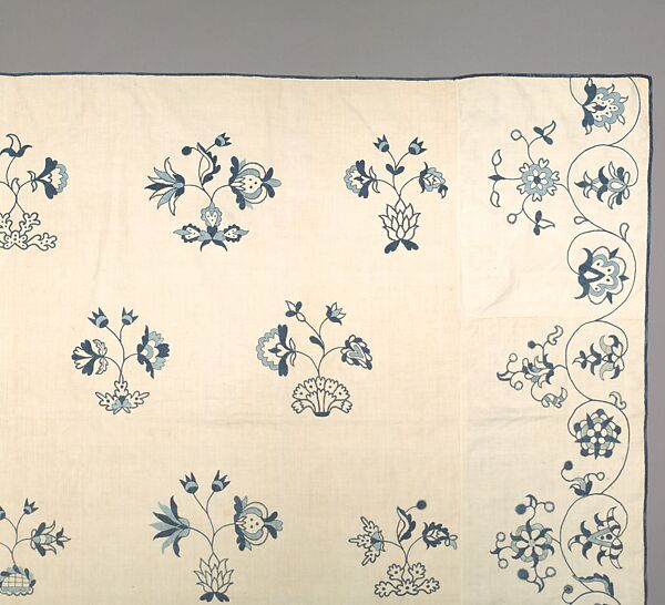 Embroidered coverlet, Linen embroidered with linen thread, American