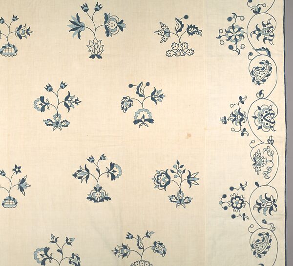 Embroidered coverlet, Linen embroidered with linen thread, American