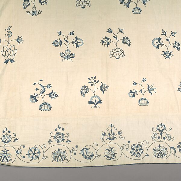 Embroidered coverlet, Linen embroidered with linen thread, American
