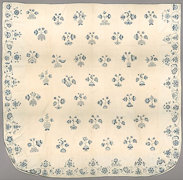 Embroidered coverlet, Linen embroidered with linen thread, American