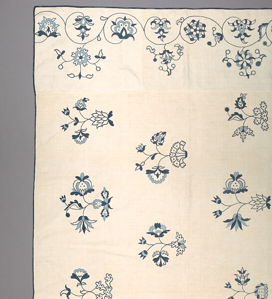 Embroidered coverlet, Linen embroidered with linen thread, American