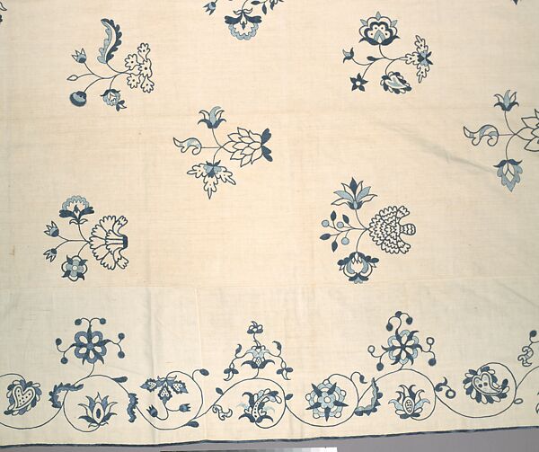 Embroidered coverlet, Linen embroidered with linen thread, American