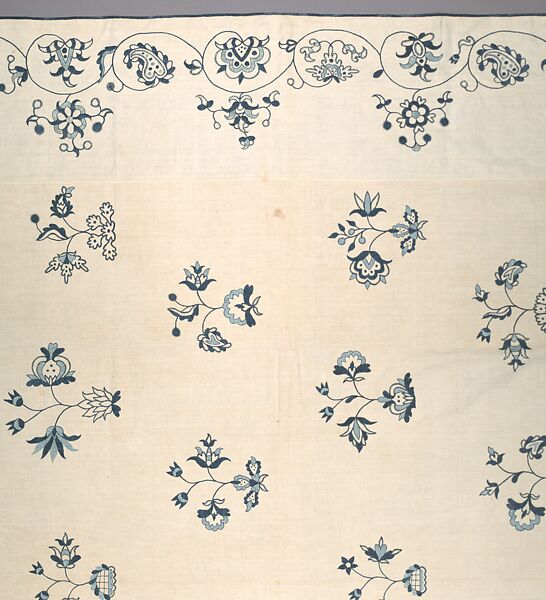 Embroidered coverlet, Linen embroidered with linen thread, American