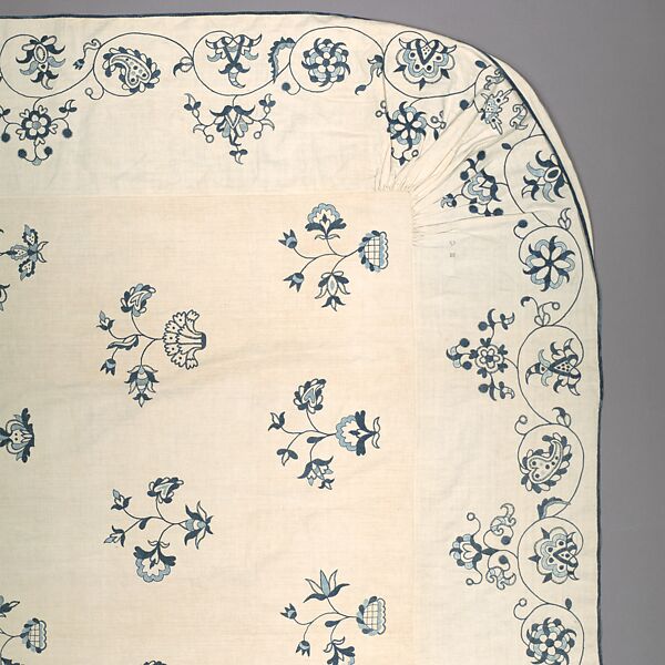 Embroidered coverlet, Linen embroidered with linen thread, American