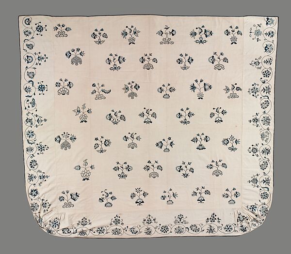Embroidered coverlet, Linen embroidered with linen thread, American 