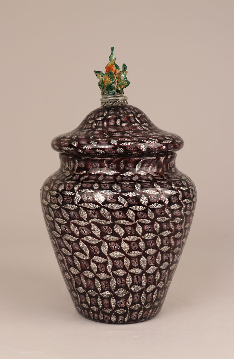 Mosaic glass urn with silver leaf design, Possiibly Giuseppe Barovier (Italian, 1853–1942), Glass: blown-worked mosaic glass with applied hot-worked glass, Italian, Venice (Murano)