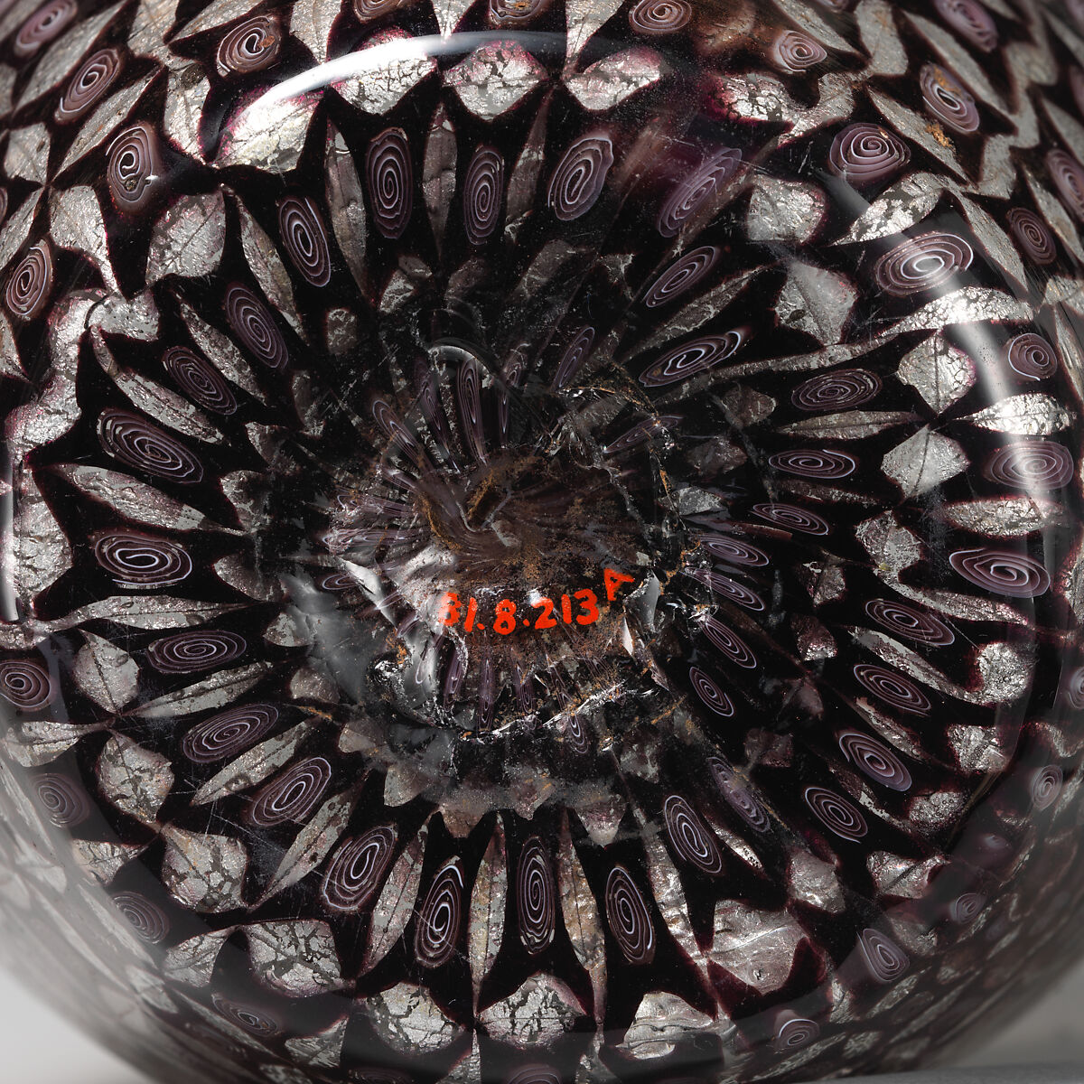 Mosaic glass urn with silver leaf design, Possiibly Giuseppe Barovier (Italian, 1853–1942), Glass: blown-worked mosaic glass with applied hot-worked glass, Italian, Venice (Murano)