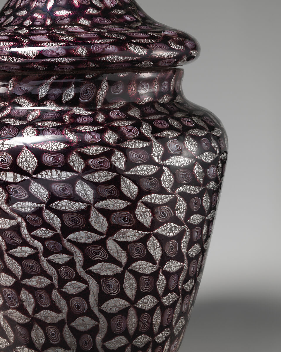 Mosaic glass urn with silver leaf design, Possiibly Giuseppe Barovier (Italian, 1853–1942), Glass: blown-worked mosaic glass with applied hot-worked glass, Italian, Venice (Murano)
