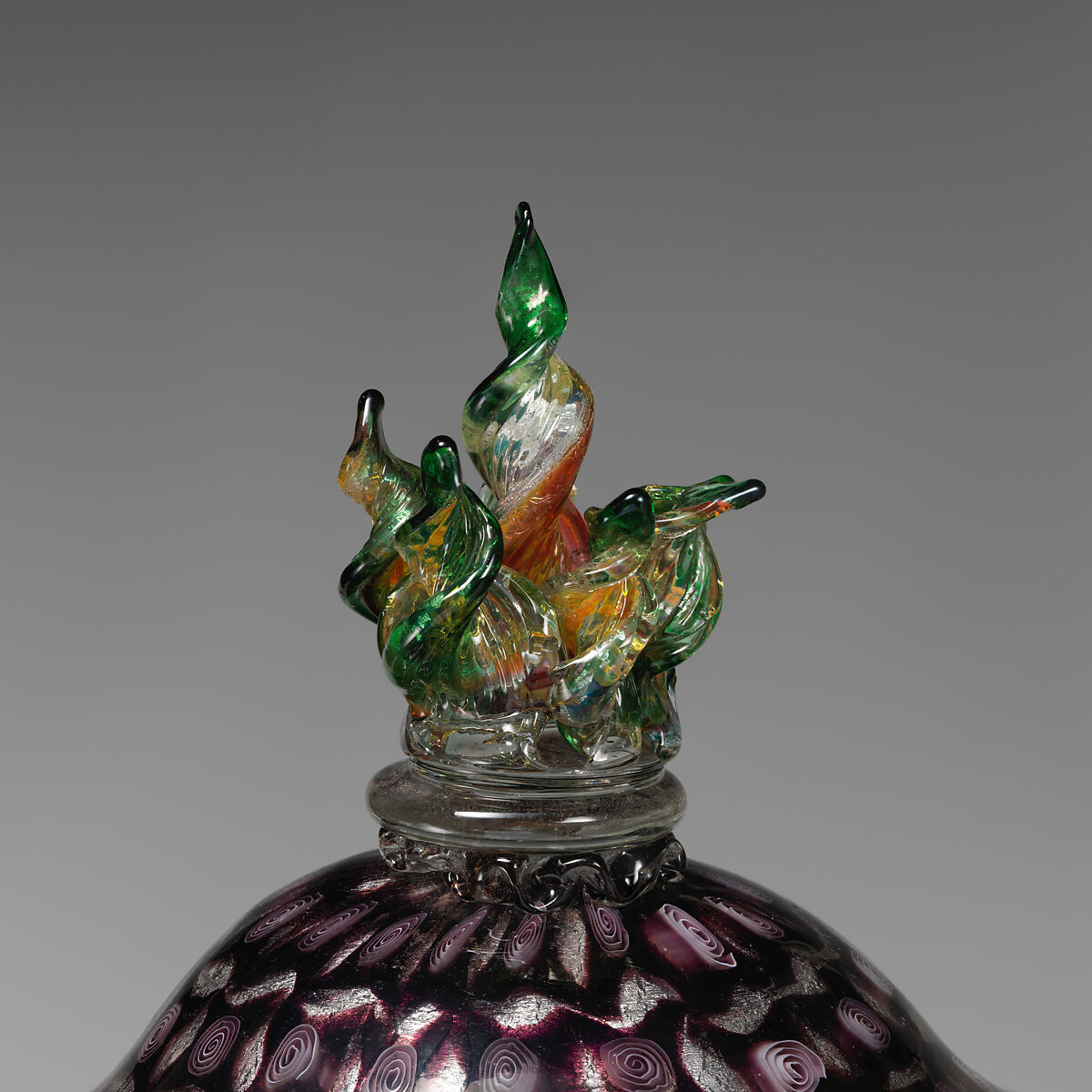 Mosaic glass urn with silver leaf design, Possiibly Giuseppe Barovier (Italian, 1853–1942), Glass: blown-worked mosaic glass with applied hot-worked glass, Italian, Venice (Murano)