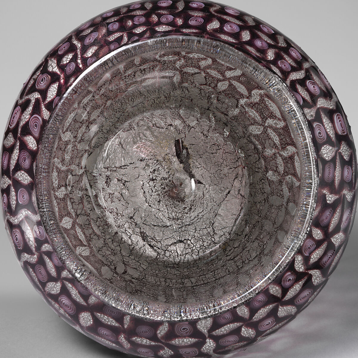 Mosaic glass urn with silver leaf design, Possiibly Giuseppe Barovier (Italian, 1853–1942), Glass: blown-worked mosaic glass with applied hot-worked glass, Italian, Venice (Murano)