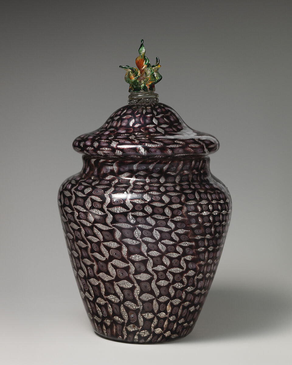 Mosaic glass urn with silver leaf design, Possiibly Giuseppe Barovier (Italian, 1853–1942), Glass: blown-worked mosaic glass with applied hot-worked glass, Italian, Venice (Murano)