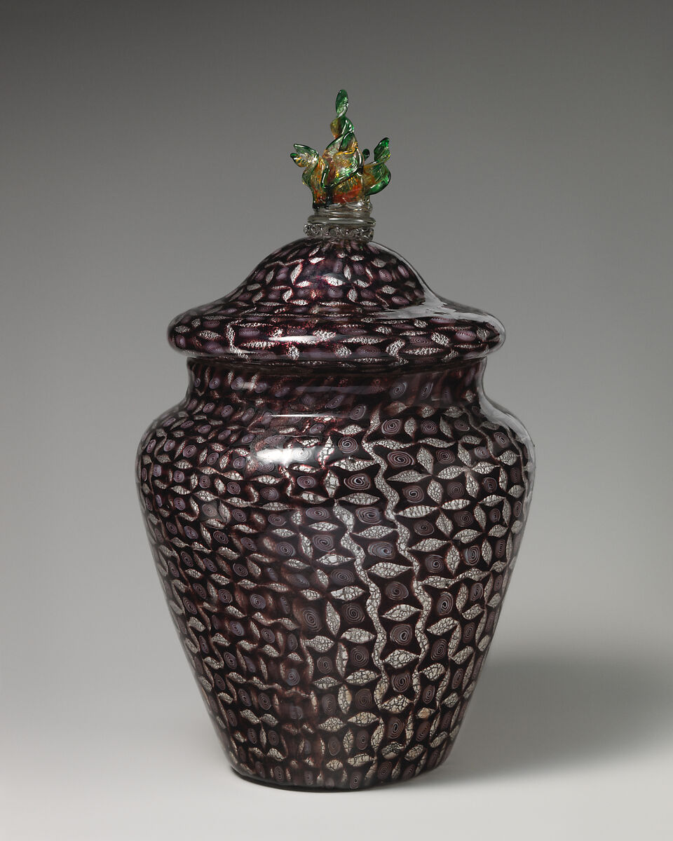 Mosaic glass urn with silver leaf design, Possiibly Giuseppe Barovier (Italian, 1853–1942), Glass: blown-worked mosaic glass with applied hot-worked glass, Italian, Venice (Murano)
