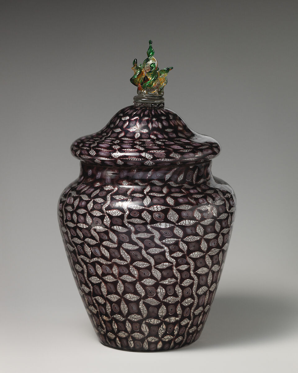 Mosaic glass urn with silver leaf design, Possiibly Giuseppe Barovier (Italian, 1853–1942), Glass: blown-worked mosaic glass with applied hot-worked glass, Italian, Venice (Murano)