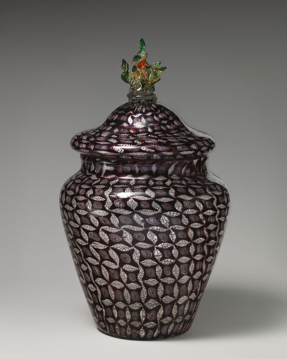 Mosaic glass urn with silver leaf design, Possiibly Giuseppe Barovier (Italian, 1853–1942), Glass: blown-worked mosaic glass with applied hot-worked glass, Italian, Venice (Murano) 