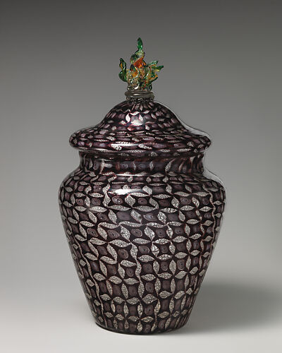 Mosaic glass urn with silver leaf design