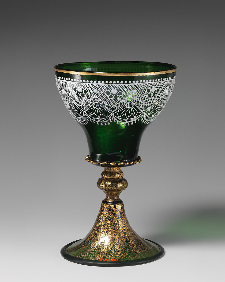Goblet with lace design, Probably Società Anonima per Azioni Salviati &amp; C. (Italian, 1866–1872), Glass: blown, enameled and gilded, Italian, Venice (Murano)