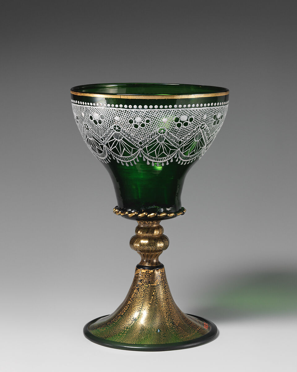 Goblet with lace design, Probably Società Anonima per Azioni Salviati &amp; C. (Italian, 1866–1872), Glass: blown, enameled and gilded, Italian, Venice (Murano)