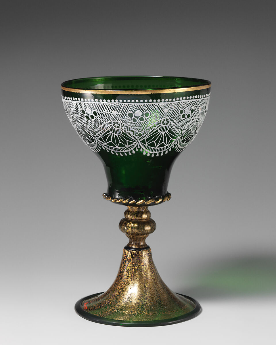 Goblet with lace design, Probably Società Anonima per Azioni Salviati &amp; C. (Italian, 1866–1872), Glass: blown, enameled and gilded, Italian, Venice (Murano)