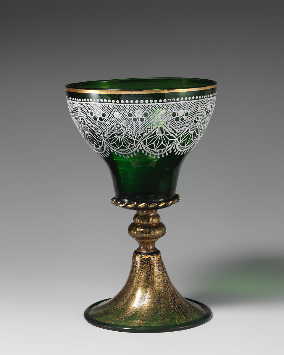 Goblet with lace design, Probably Società Anonima per Azioni Salviati &amp; C. (Italian, 1866–1872), Glass: blown, enameled and gilded, Italian, Venice (Murano) 