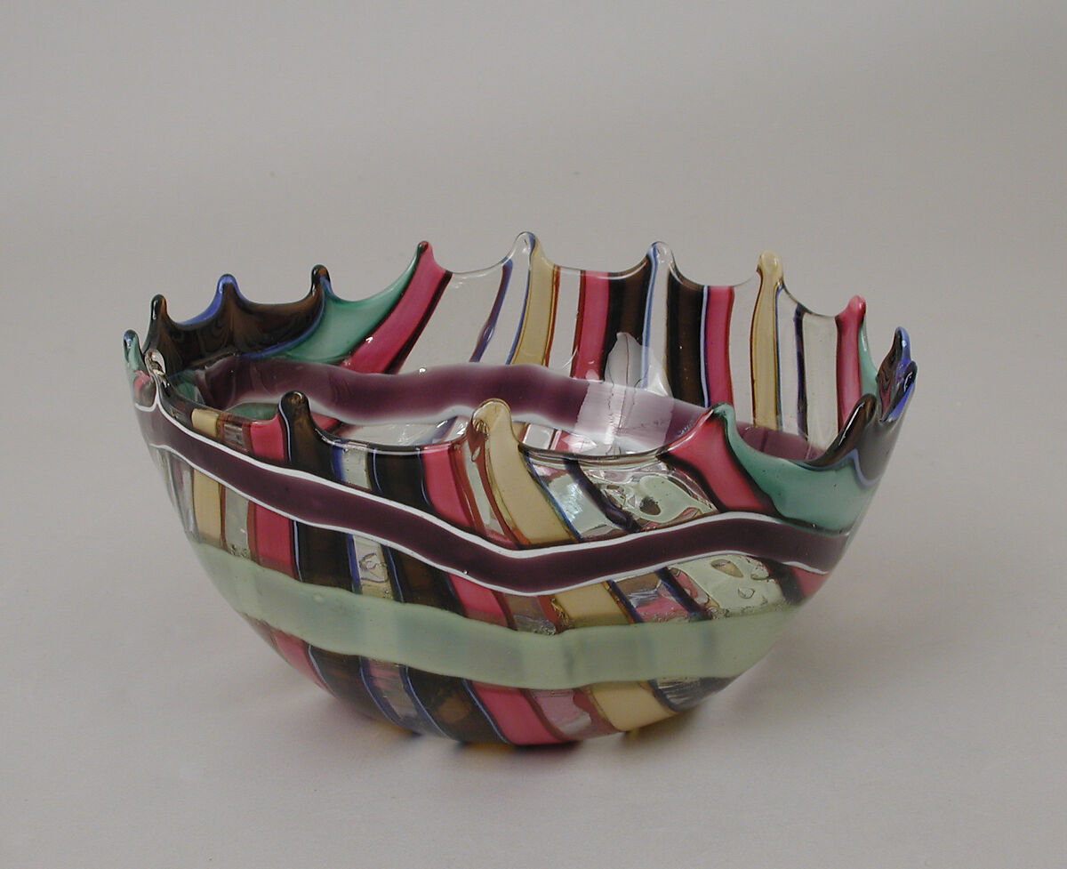 Roman-style bowl with clear and multicolored band decoration, Glass, Italian, Venice (Murano) 
