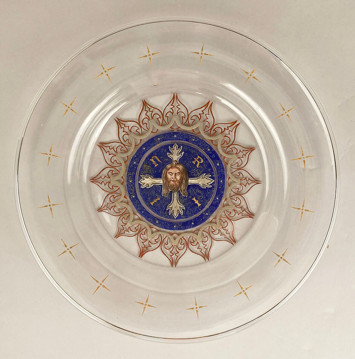 Plate with cross and head of Christ, Glass, Italian, Venice (Murano) 