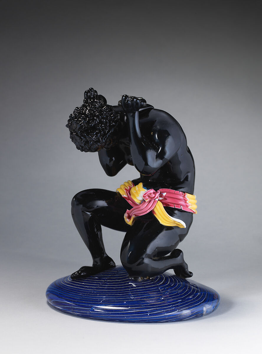 Kneeling African figure, Glass, furnace-worked and blown, Italian, Venice (Murano) 