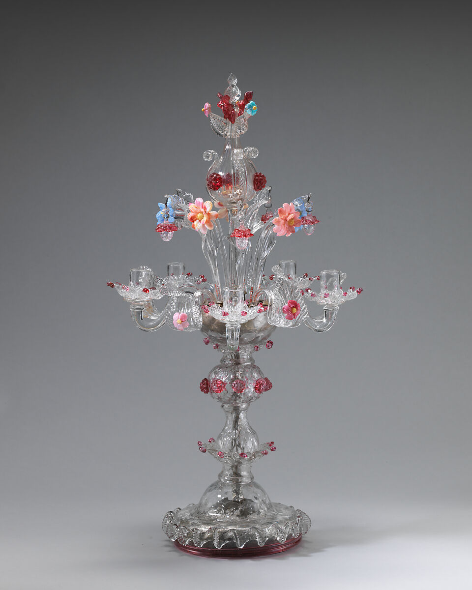 Candelabrum (one of a pair), Glass, blown, molded with lampworked decoration, Italian, Venice (Murano) 