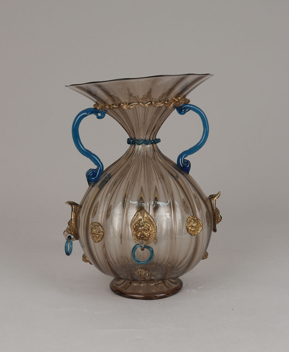 Ribbed and fluted vase with lion masks, Glass, Italian, Venice (Murano) 