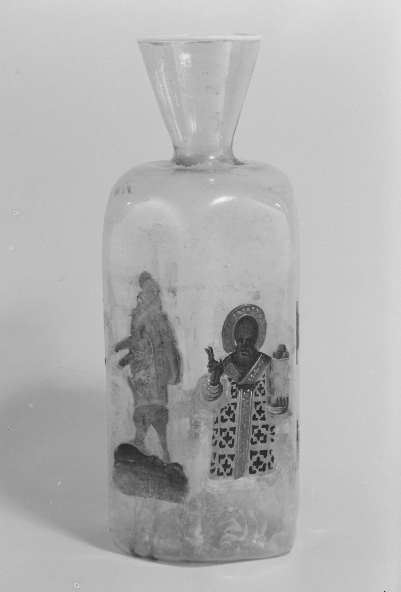 Bottle with figure of St. Nicholas (?), Glass, Italian 