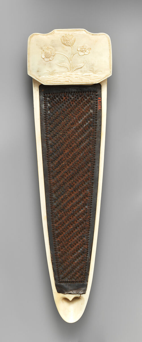 Tobacco rasp carved with Zeus astride an eagle, Ivory and iron, French