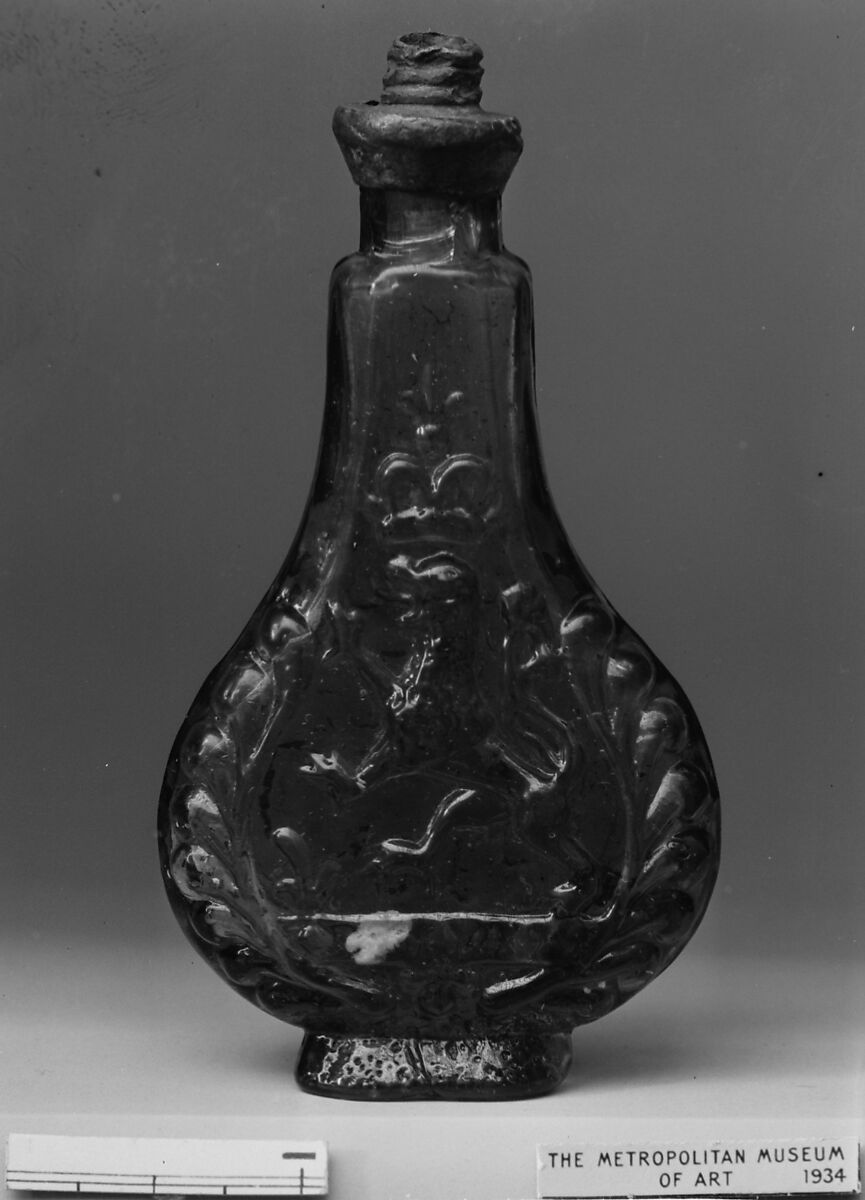 Blue-colored flacon de poche decorated with lion rampant and enflamed cross potant, Glasshouse of Bernard Perrot, Verrerie Royale d'Orléans (1640–1709), Glass, pewter, French, Orléans