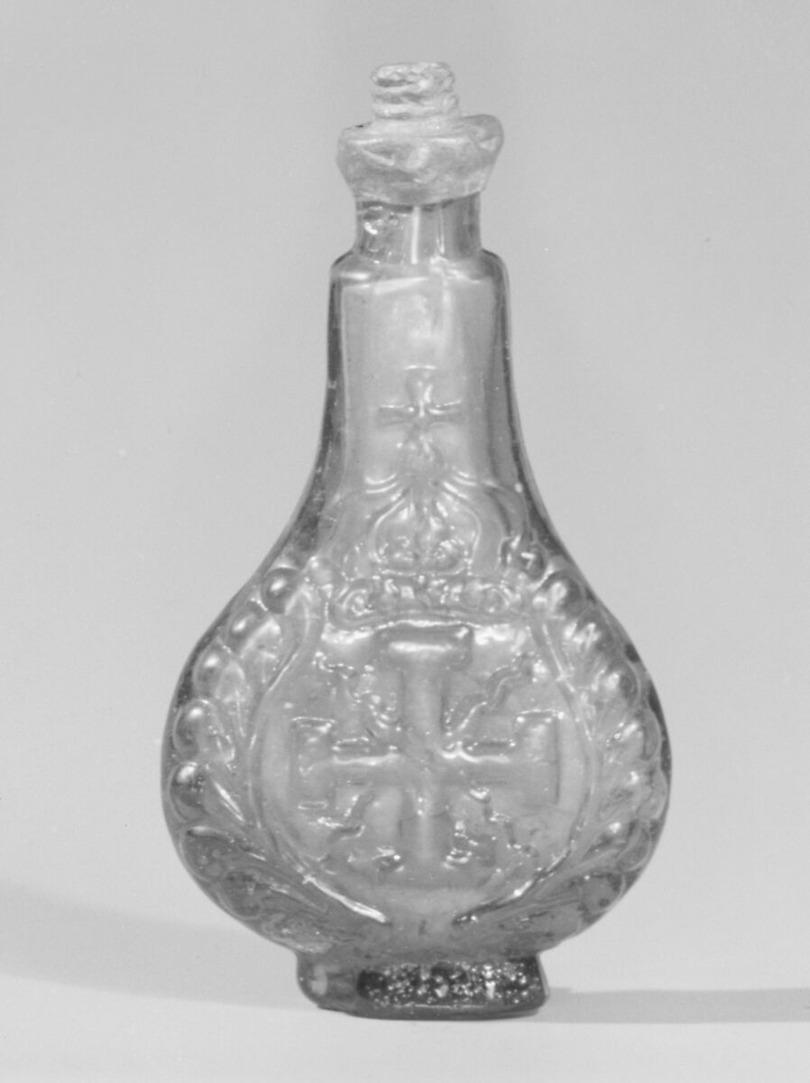 Blue-colored flacon de poche decorated with lion rampant and enflamed cross potant, Glasshouse of Bernard Perrot, Verrerie Royale d&#39;Orléans (1640–1709), Glass, pewter, French, Orléans 