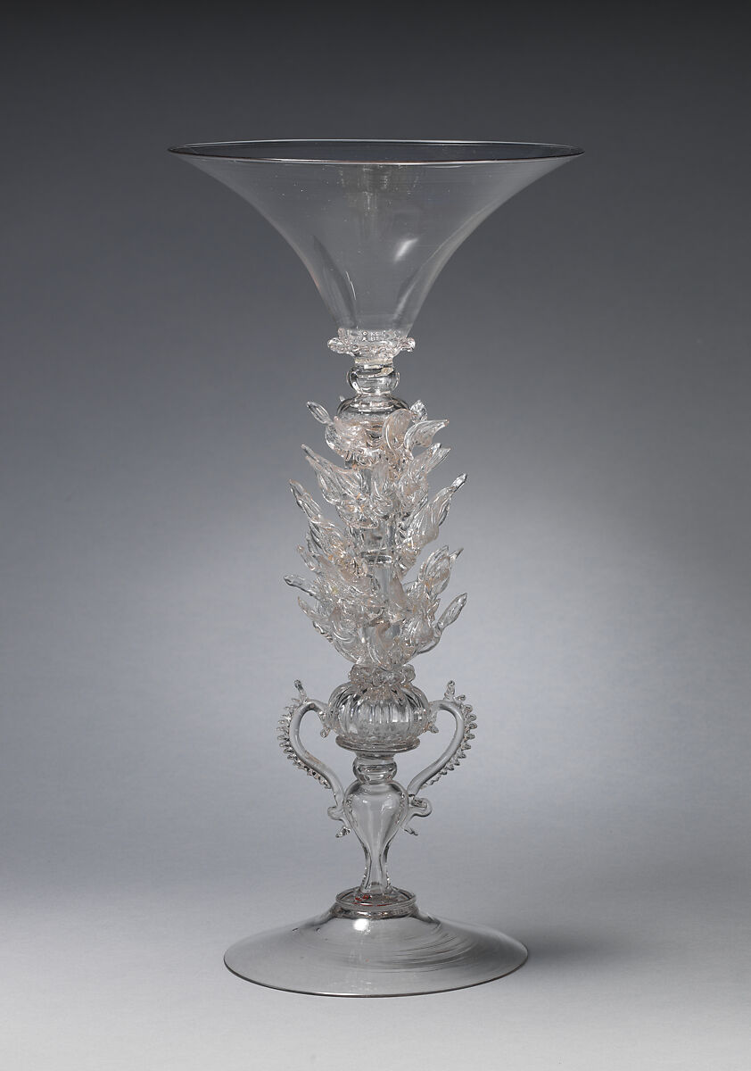 Goblet with decorative stem, Glass, blowen with applied decoration, Italian, Venice (Murano) 