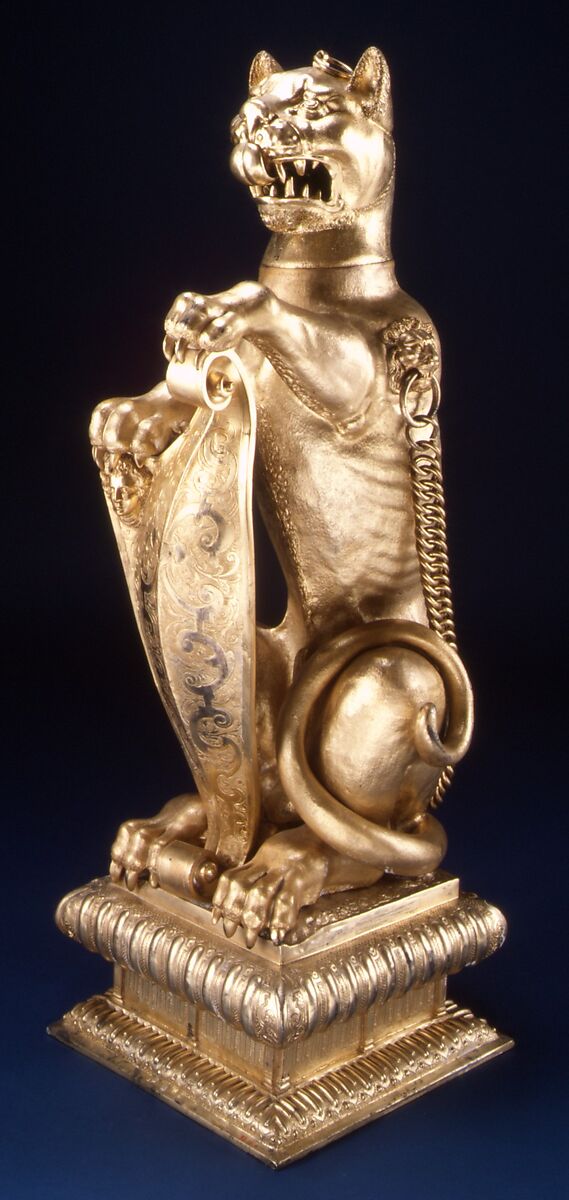 Leopard holding a shield, Elkington &amp; Co. (British, Birmingham, 1829–1963), Silver on base metal, British, Birmingham, after British, London original