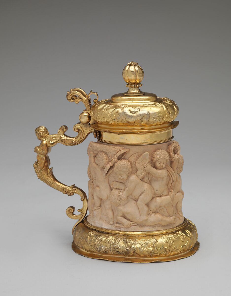 Tankard with cover, Elkington &amp; Co. (British, Birmingham, 1829–1963), Silver on base metal, fictile ivory, British, Birmingham, after German, Nuremberg original 