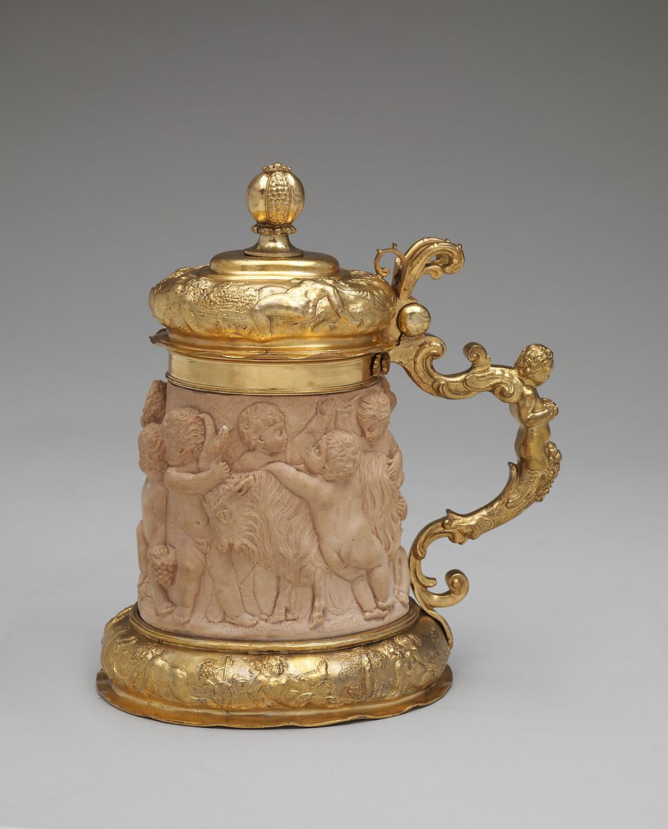 Tankard with cover, Elkington &amp; Co. (British, Birmingham, 1829–1963), Silver on base metal, fictile ivory, British, Birmingham, after German, Nuremberg original