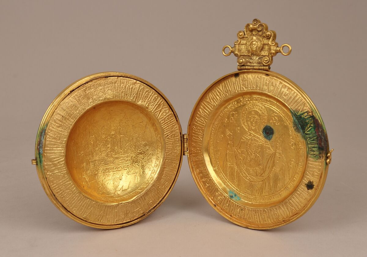 Panagia or pyx, Silver gilt and enamel, British, after Russian original