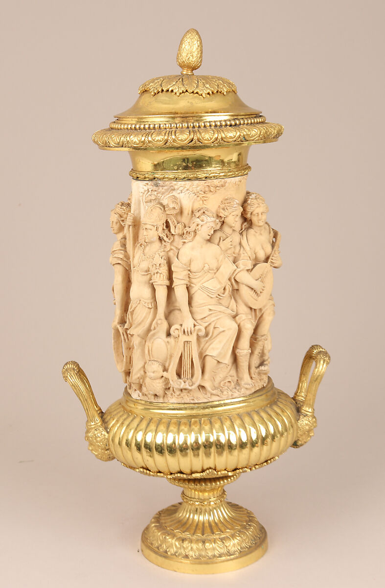 Saltcellar with cover, Silver, parcel-gilt, and ivory, British, after Russian original 