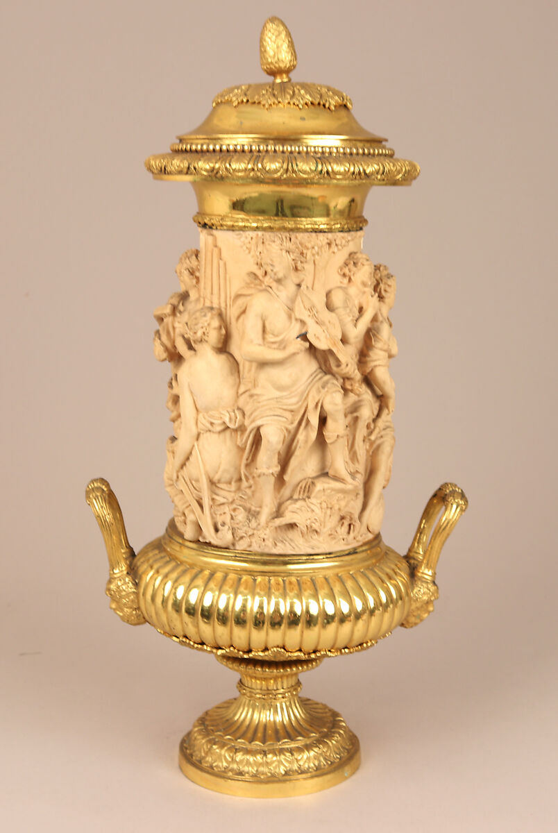 Saltcellar with cover, Silver, parcel-gilt, and ivory, British, after Russian original