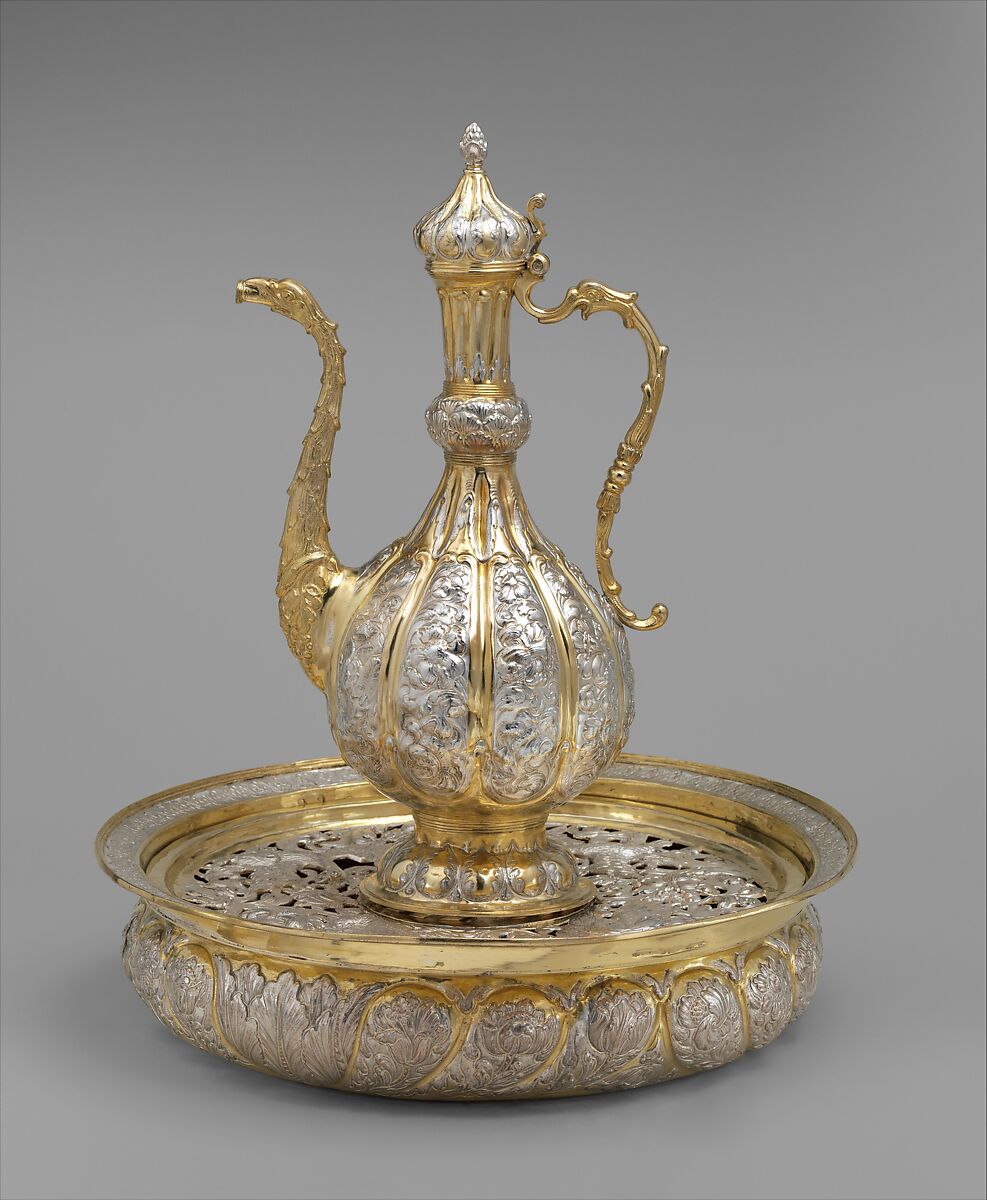 Basin with tray, Elkington &amp; Co. (British, Birmingham, 1829–1963), Silver on base metal, partly gilt, British, Birmingham, after Moldovan original 