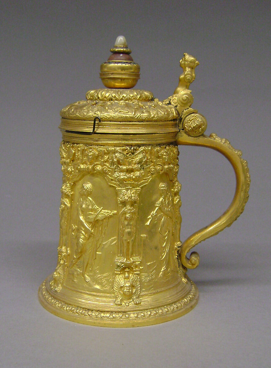 Tankard with cover, Elkington &amp; Co. (British, Birmingham, 1829–1963), Silver on base metal, jeweled knob, British, Birmingham, after German, possibly Augsburg original 