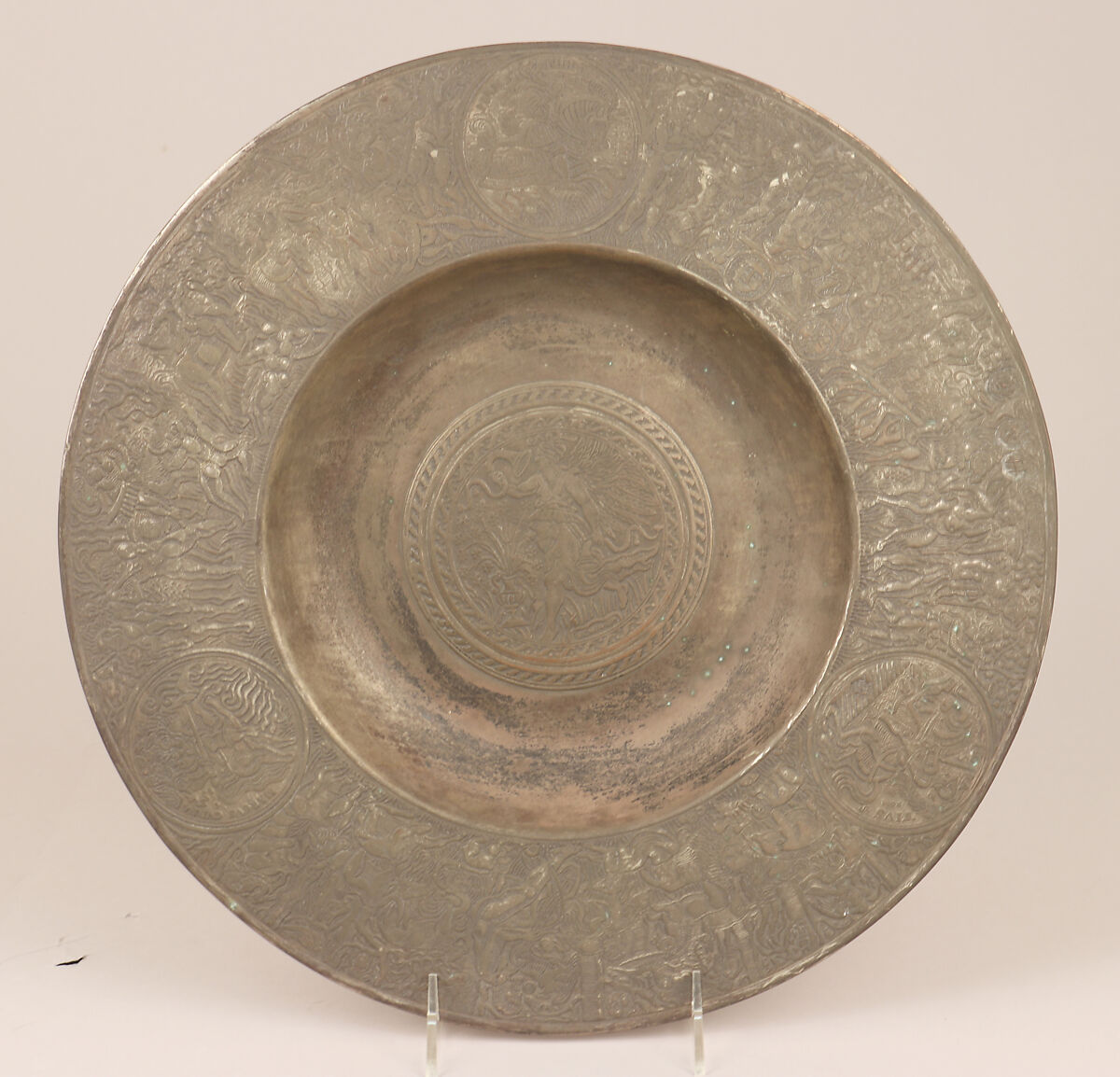 Salver or dish, Pewter, British, after German original 