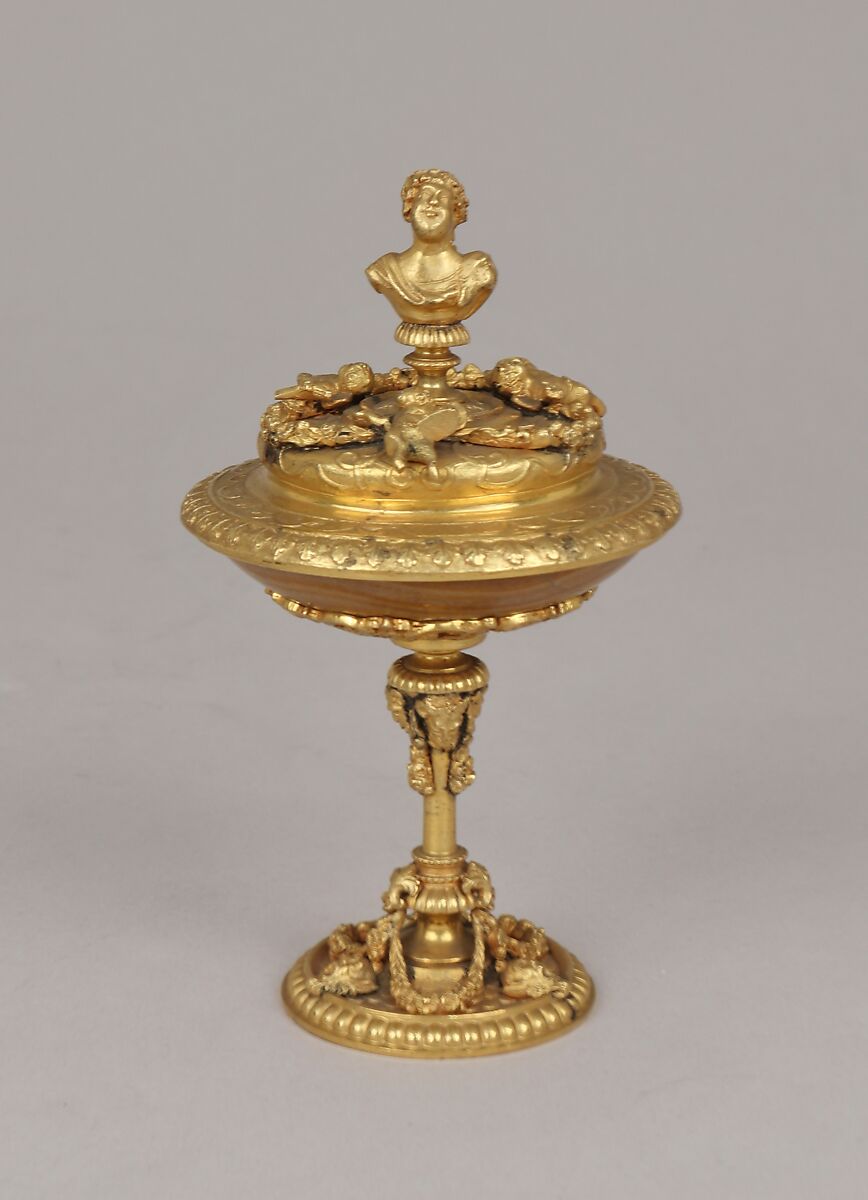 Tazza with cover, After an original by Benvenuto Cellini (Italian, Florence 1500–1571 Florence), Chalcedony, gold mount, British, after Italian, Florence original 