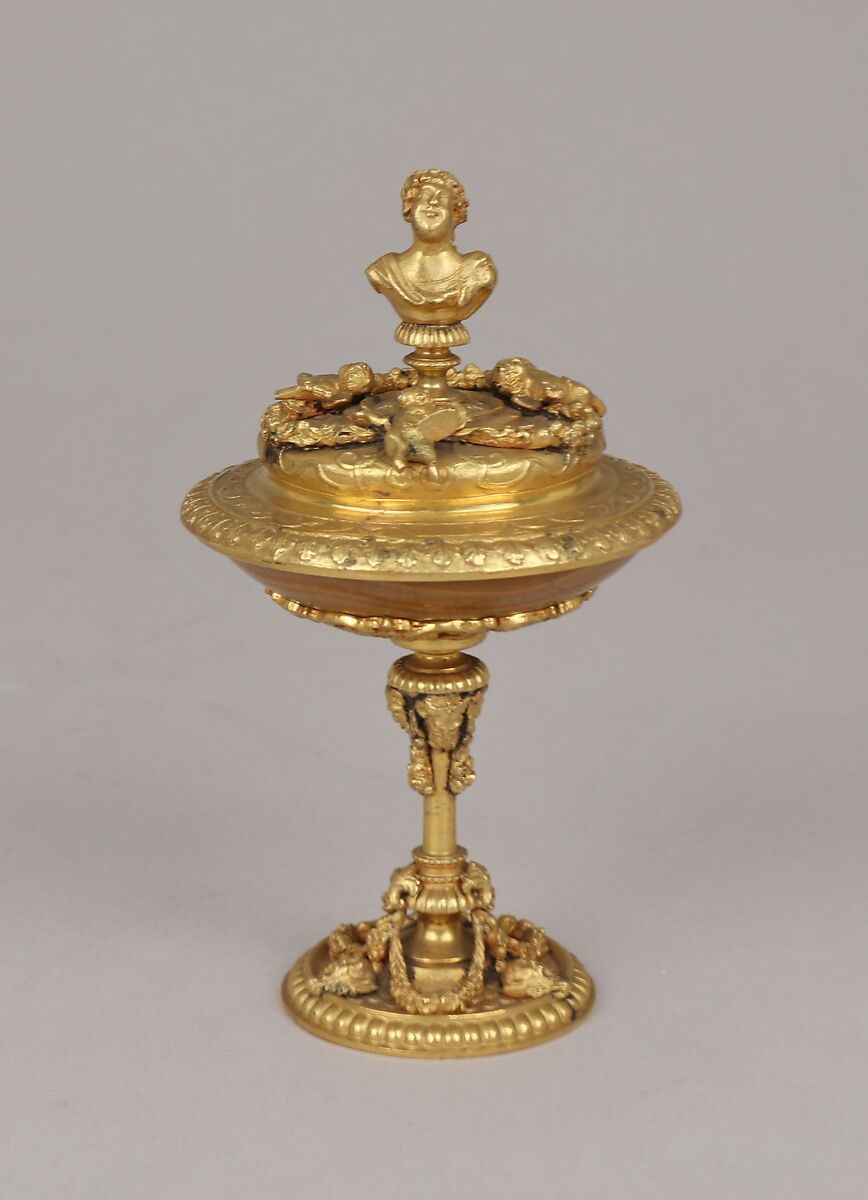 Tazza with cover, After an original by Benvenuto Cellini (Italian, Florence 1500–1571 Florence), Chalcedony, gold mount, British, after Italian, Florence original