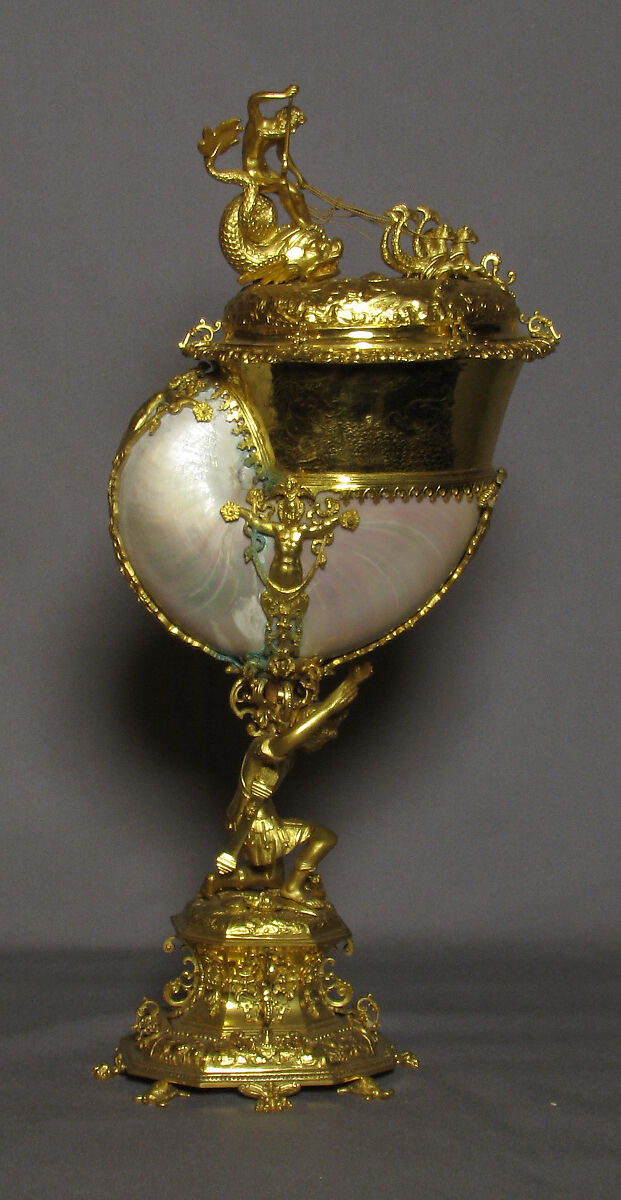 Nautilus shell cup with cover, Silver on base metal, nautilus shell, British, after German, Nuremberg original