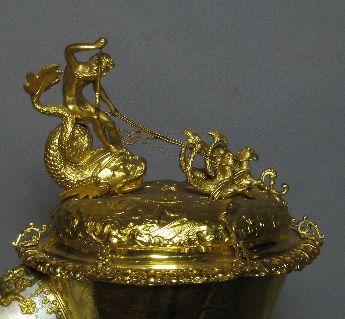 Nautilus shell cup with cover, Silver on base metal, nautilus shell, British, after German, Nuremberg original