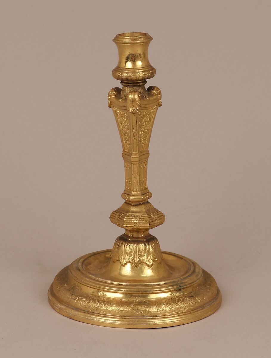 Candlestick, After an original by Johann Ludwig Biller (1692–1746), Gold (?) on base metal, British, Birmingham, after German, Augsburg original 