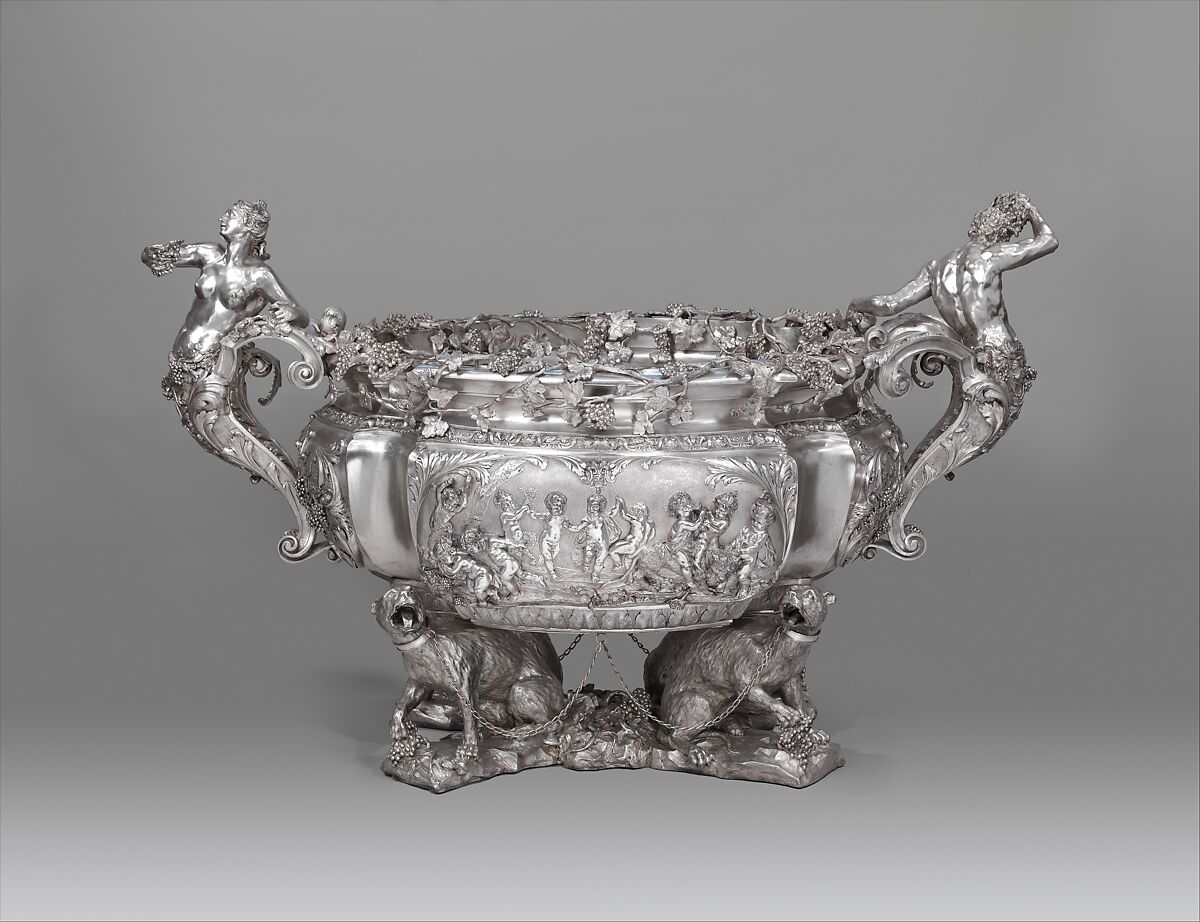 Wine cistern, After an original by Charles Frederich Kandler (active 1735, died 1778), Silver on base metal (copper and brass), British, Birmingham, after British, London original 